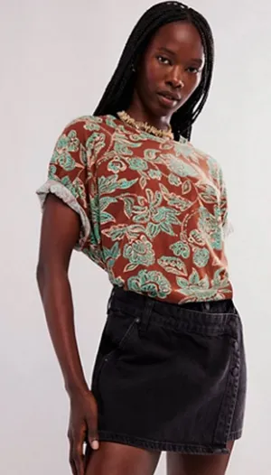 Free People We the Free Nina‎ Floral Printed Tee Brown Green thumbnail 1