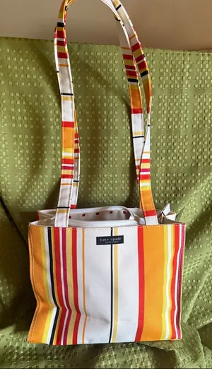 kate spade Yellow, Orange & Red Striped Canvas Tote NWOT thumbnail 1