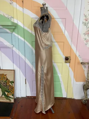 By Anthropologie Reversible Lace-Trimmed Sleep Dress Satin Gold Cutout Sz L 🧡🎀 thumbnail 7