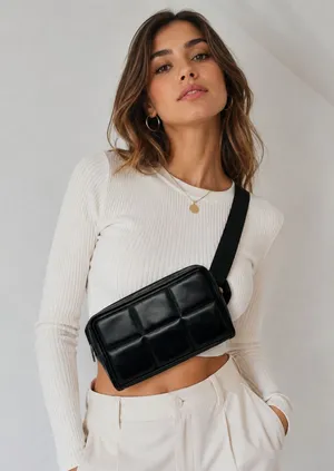 Amanda Uprichard Black Faux Leather Quilted Belt Bag Fanny Pack Purse Bag thumbnail 1
