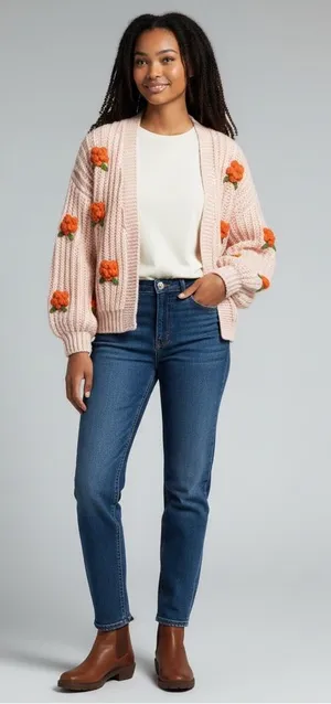 Vervet S Cozy Floral Pom-Pom Cardigan in Blush Pink thumbnail 1