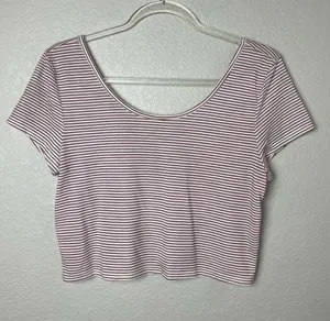 American Eagle Striped Scoop-Neck Crop Top - Maroon/White Size L thumbnail 1