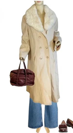 Vintage 1980'S Prime Source Ny Beige & Cream Wool & Rabbit Fur Collar Coat (L) thumbnail 1