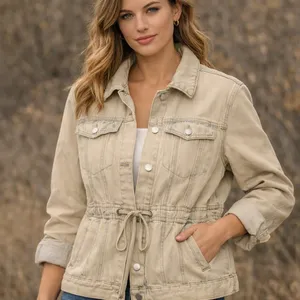 Universal‎ Thread Denim Utility Jacket Beige Sand Drawstring Waist Coat Womens M thumbnail 1