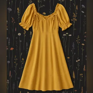 👗🌺Anthropologie Yellow Midi Dress M 6 8 Boho Cottagecore Puff Sleeve Ruffle Trim thumbnail 6
