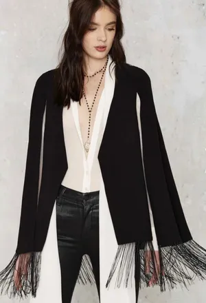 Lavish Alice Black Fringe Cape Blazer Jacket Split Sleeve Open Front ‎ XS thumbnail 1
