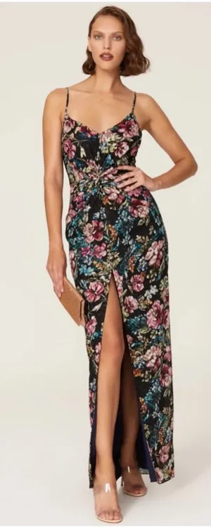 Amanda Uprichard Ellie Black Floral Maxi Gown Dress Multicolor Blossoms Small thumbnail 1