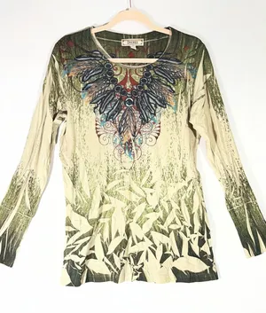 DECREE Graphic LS Tee‎ Women XL Green Nature Boho Tribal Inspired Wings Design thumbnail 1