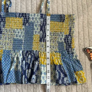 Natural life blue yellow boho floral patchwork smocked ruffle hem tops L XL​ thumbnail 8