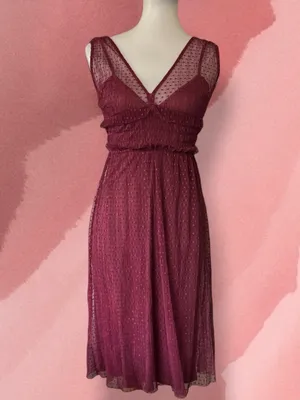 ZARA Burgundy Swiss Dot Mesh Midi Dress Small Sheer V-Neck Ruffle thumbnail 2