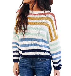 Long Sleeve Striped Color Block Casual Loose Knitted Pullover Sweater Top Medium thumbnail 1