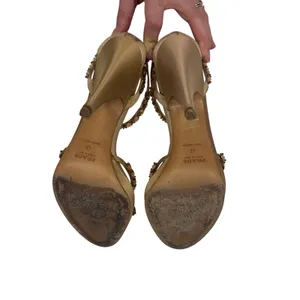 Prada Jeweled Satin Ankle Strap Heels Gold Bow Embellished Sandals 37 thumbnail 9