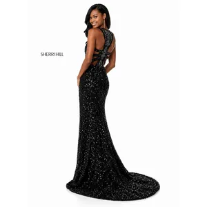 Sherri Hill 51430 Black Sequin Halter Gown Open Back High Slit‎ NWT Size 0 thumbnail 2