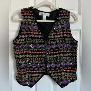Vintage Niteline Della Sequin Beaded Notched Vest Top Glam size M Silk thumbnail 4