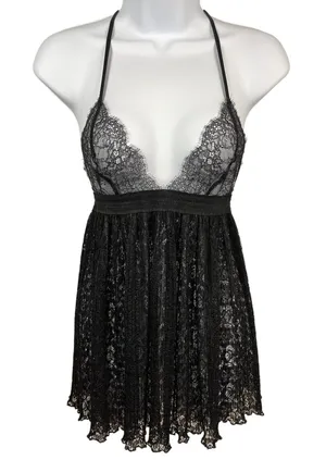 Victoria’s Secret Black Floral Mesh Lace Halter Babydoll Lingerie Dress S thumbnail 1