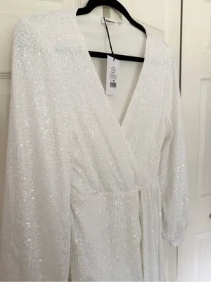 NWT Showpo Claudilyn Drape Long Sleeve Faux Wrap Mini Dress White Sequins US 6 thumbnail 8