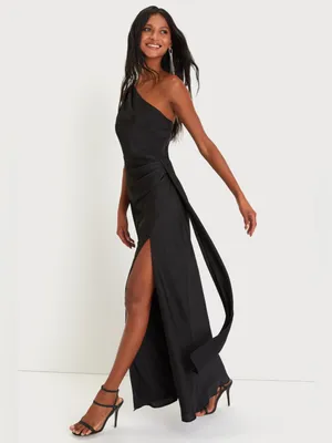LULU’S Signature Elegance Black Satin One-Shoulder Maxi Dress thumbnail 4