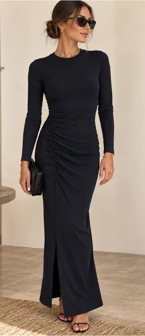 Susana Monaco Ruched Maxi Dress Navy Long Sleeve Bodycon Stretch Size S thumbnail 1