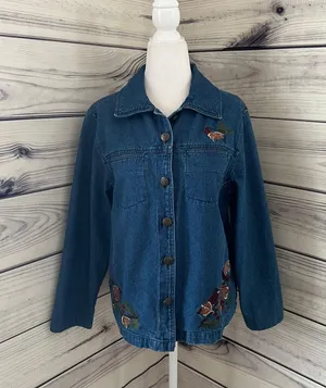 North Crest Vintage Denim Winter Embroidered Button Down Shirt Jacket thumbnail 1