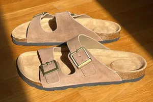 IDIFU Men’s Double Buckle Slide Sandals Tan Brown Leather Insole US 9.5 thumbnail 1
