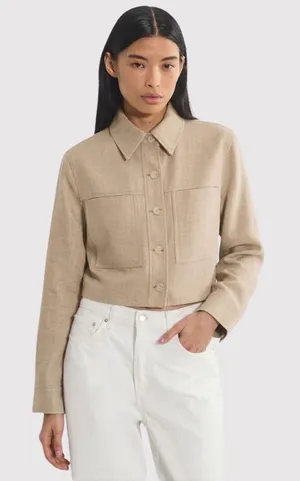 Aritzia Wilfred Womens Jacket Beige Little Cropped Button Up Crepette Stretch XS thumbnail 1