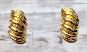 Vintage Clip On Earrings - Statement Ribbed Half Hoop Gold Tone Large thumbnail 1