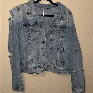 Free People Light Blue Distressed Denim Jacket thumbnail 2
