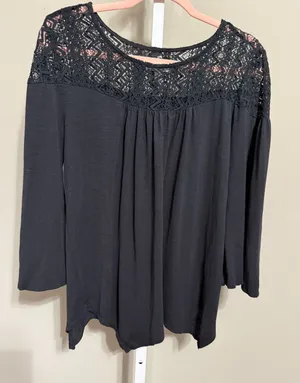 Cupio Black Lace Yoke Flowy Long Sleeve Top XL Witchy Soft Gothic Romantic‎ Boho thumbnail 1