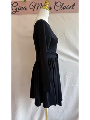 Black Long Sleeve Fit and Flare Dress with Square Neck and Waist Tie, Size Small thumbnail 4