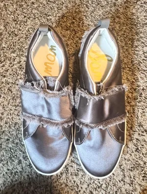 Sam Edelman Women 7.5M‎ Mauve Grey Satin Frayed Edge Slip On Platform Sneakers thumbnail 1