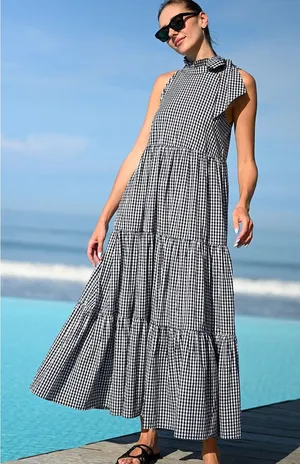 Wyatt Wylde Helena Gingham Tiered Halter Maxi Dress Size M thumbnail 1