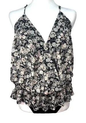 Express Floral Print Chiffon‎ Sleeveless Wrap Top Bodysuit Sz M Coquette Y2K thumbnail 1