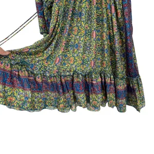 Boho Floral Silky V Neck Bell Sleeve Tiered Mini Dress Hippie Tassel‎ Festival thumbnail 3