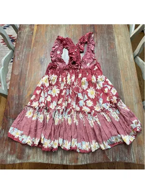 Free People Bali Wild Daisy Mini Dress Ruffle Straps Slip Renaissance Red Small thumbnail 11