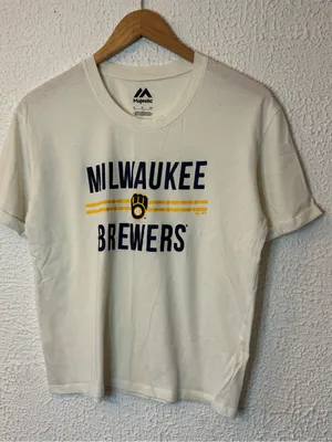 Majestic Cream Milwaukee Brewers Logo Tee with Navy and Yellow Accents thumbnail 1