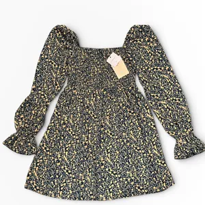 Missguided‎ Milkmaid Shirred Bust Mini Floral Dress Yellow Navy SZ 2 Cottagecore thumbnail 1