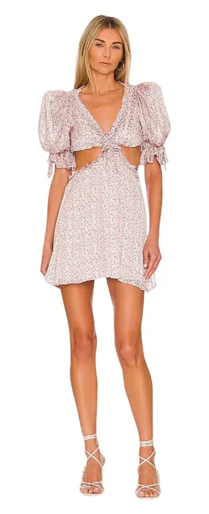 For Love & Lemons Phoebe Pink Floral Puff Sleeve Milk Maid Mini Dress Fairy thumbnail 1
