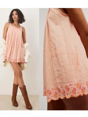 Free People Latecia Embroidered Cotton Mini Dress in Spring Melon XL thumbnail 2