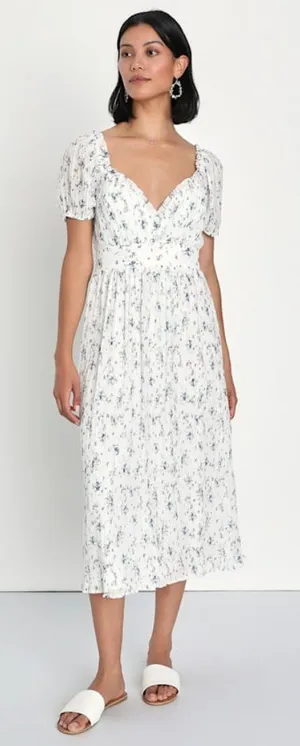 NWT Lulus Womens Size Small Life White Floral Print Puff Sleeve Midi Dress NEW thumbnail 1