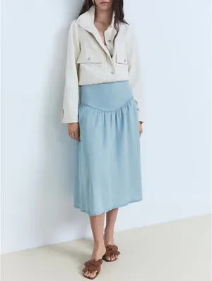 Mango Soft Denim Midi-Skirt with Gathered Detail NWT Haley Medium Blue XS thumbnail 3