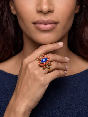 Gold-Plated Blue & Coral Statement Ring - Women Jewelry Size 8 thumbnail 1