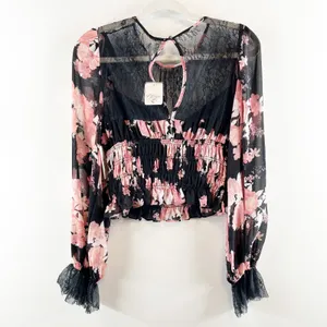 Free People Daphne Floral Long Sleeve Blouse Pink Black Medium thumbnail 3