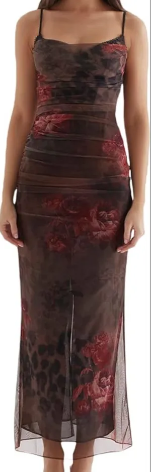 Floral Cheetah Dress with Black Lace detail thumbnail 1