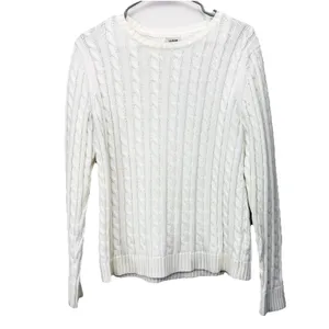 LL Bean Ivory Pullover Cable Crew‎ Neck Long Sleeve Cotton Sweater Size MEDIUM thumbnail 4