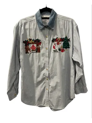 Vintage 90s Christmas Embroidered Button Up Shirt Striped Denim Collar Large thumbnail 1