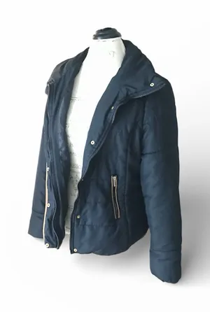 BONGO Quilted Navy Blue Coat with Tan Leather Trim Zip & Button Closure Sz XL thumbnail 1
