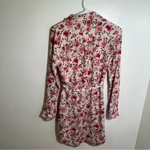 Women's‎ Button Down Shirt Dress Light Pink Rose Floral Belted Long Sleeve Roll thumbnail 9