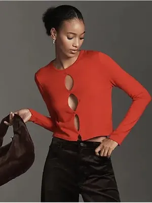 Anthropologie Twisted Cut-Out Sweater Red Knit Viscose Keyhole Long Sleeve Top thumbnail 1
