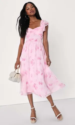 NWT Lulus Loveliest Darling Light Pink Floral Ruffled Tie-Back Midi Dress Sz L thumbnail 1