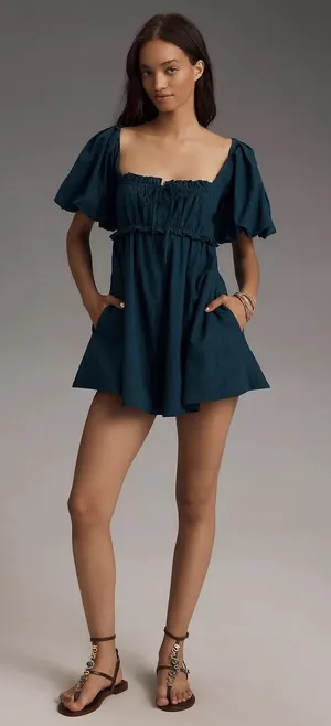 Anthropologie Pilcro Puff-Sleeve Babydoll Romper Playsuit XL Blue Cotton Ruffle thumbnail 1